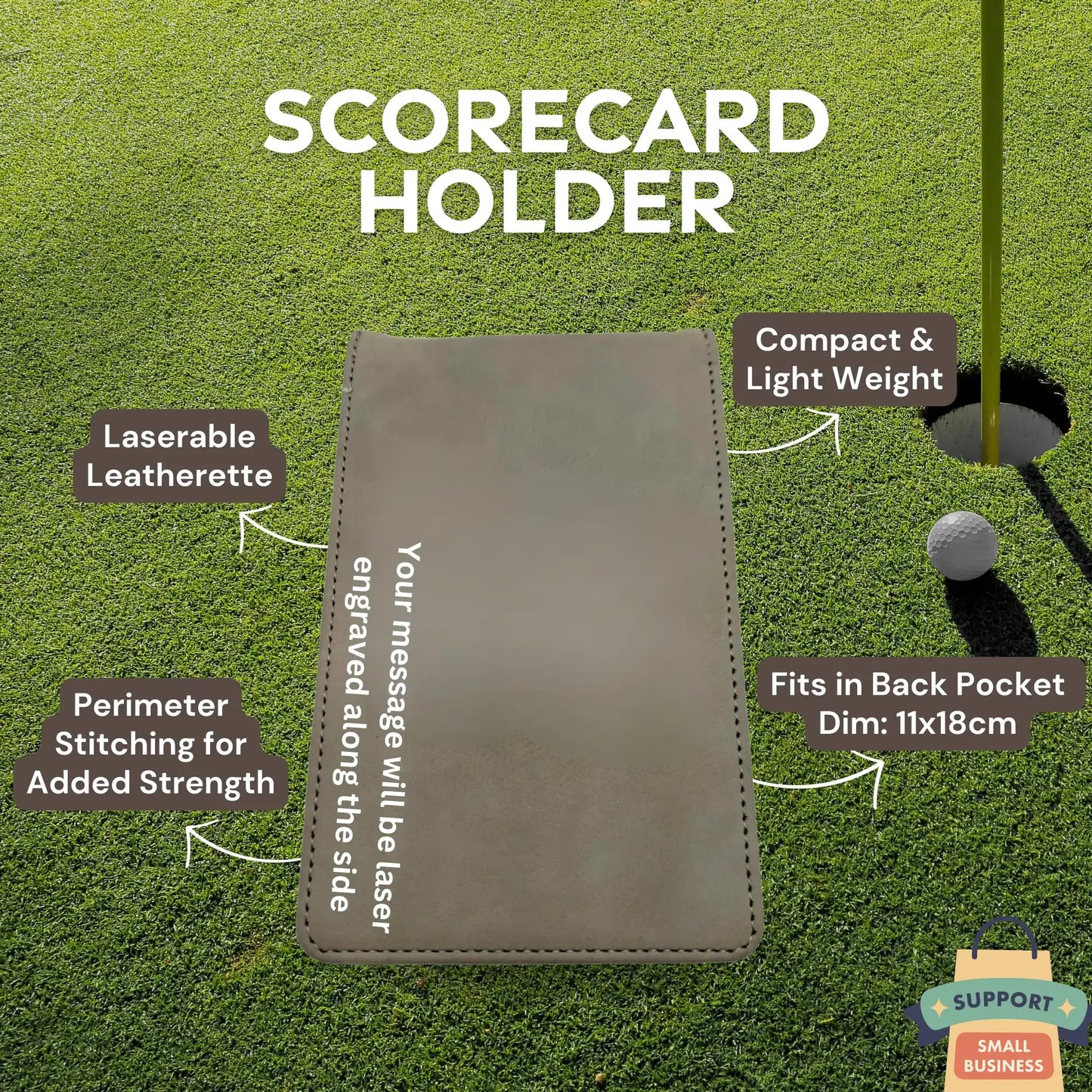 Personalised Golf Scorecard Holder with Matching Pencil | Grey PU Leather with Black Engraving | Suitable for all Golfers | Birthday | Christmas Gift, Present