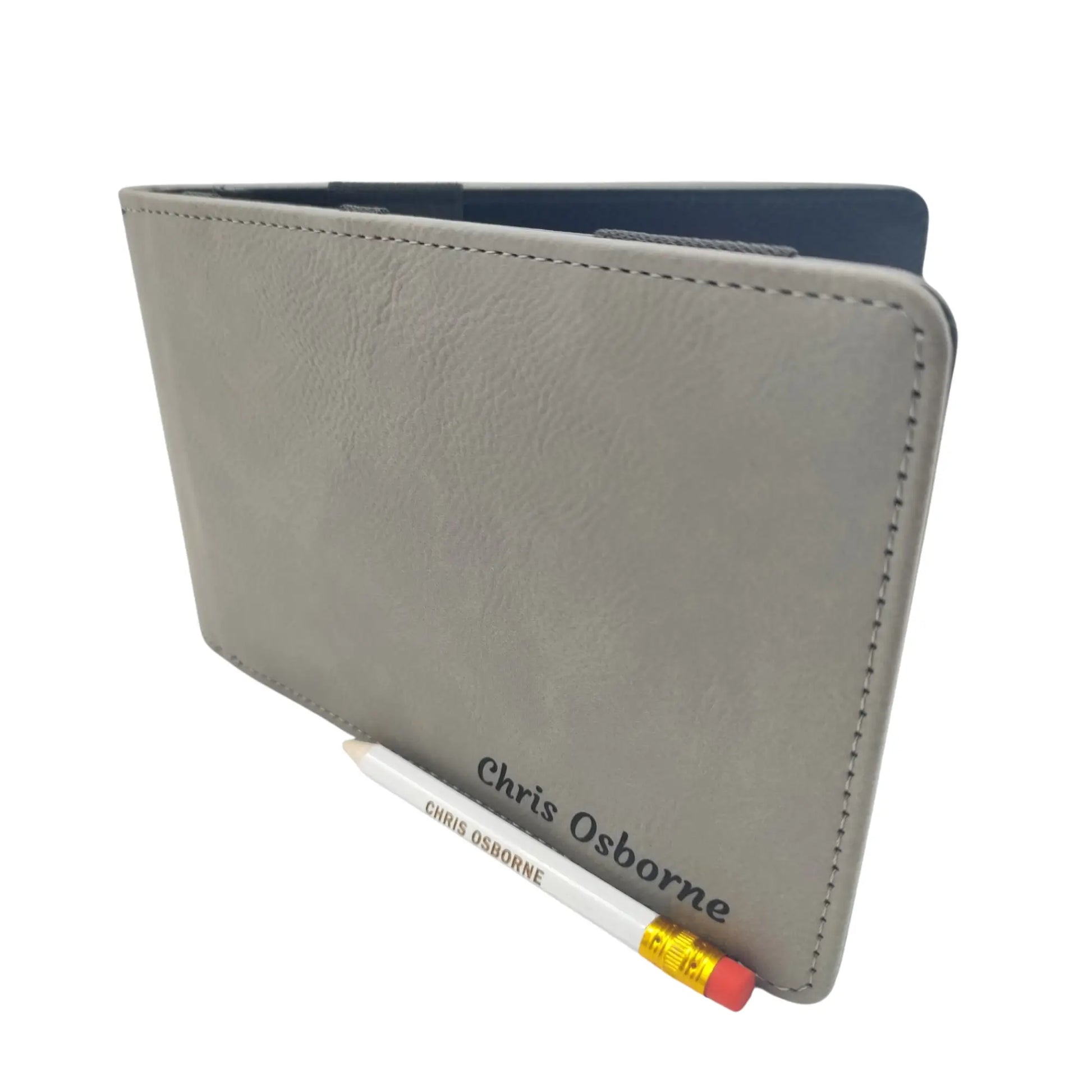 Personalised Golf Scorecard Holder with Matching Pencil | Grey PU Leather with Black Engraving | Suitable for all Golfers |  Birthday | Christmas Gift, Present