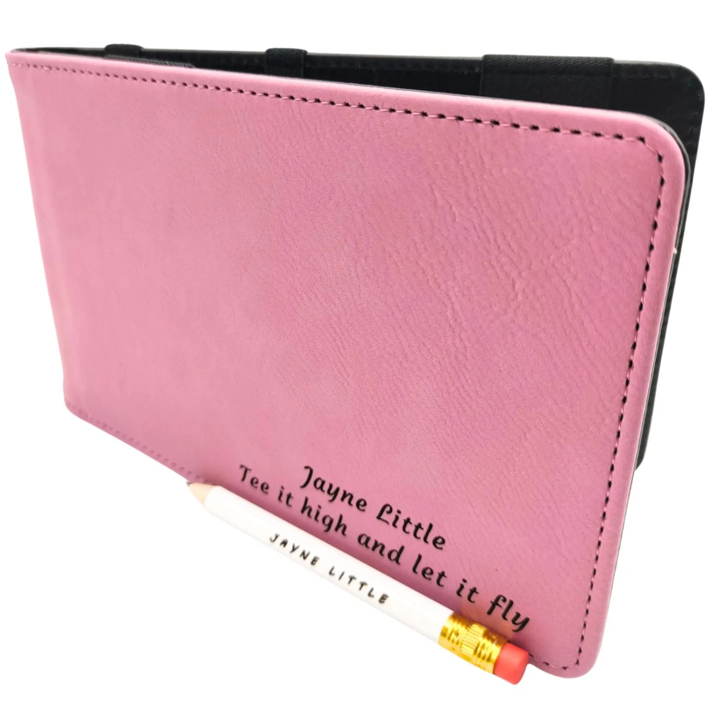 Personalised Golf Scorecard Holder | Pink PU Leather with Black Engraving and Matching Pencil - Golf Gifts Direct