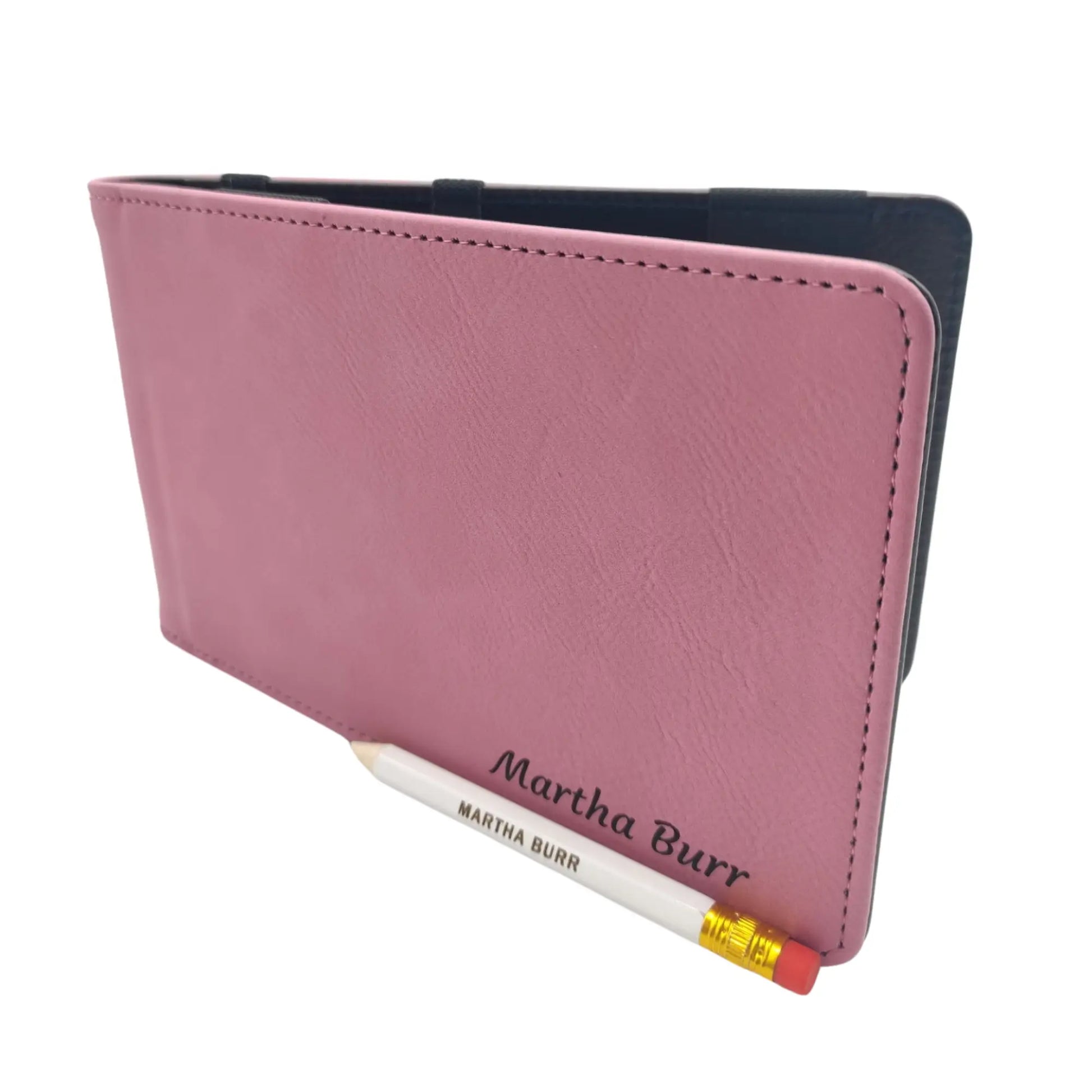 Personalised Golf Scorecard Holder | Pink PU Leather with Black Engraving and Matching Pencil - Golf Gifts Direct