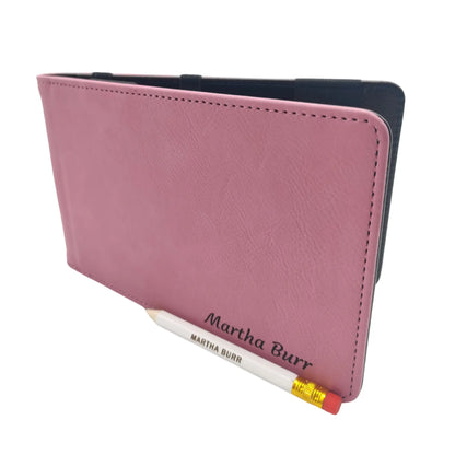 Personalised Golf Scorecard Holder | Pink PU Leather with Black Engraving and Matching Pencil - Golf Gifts Direct