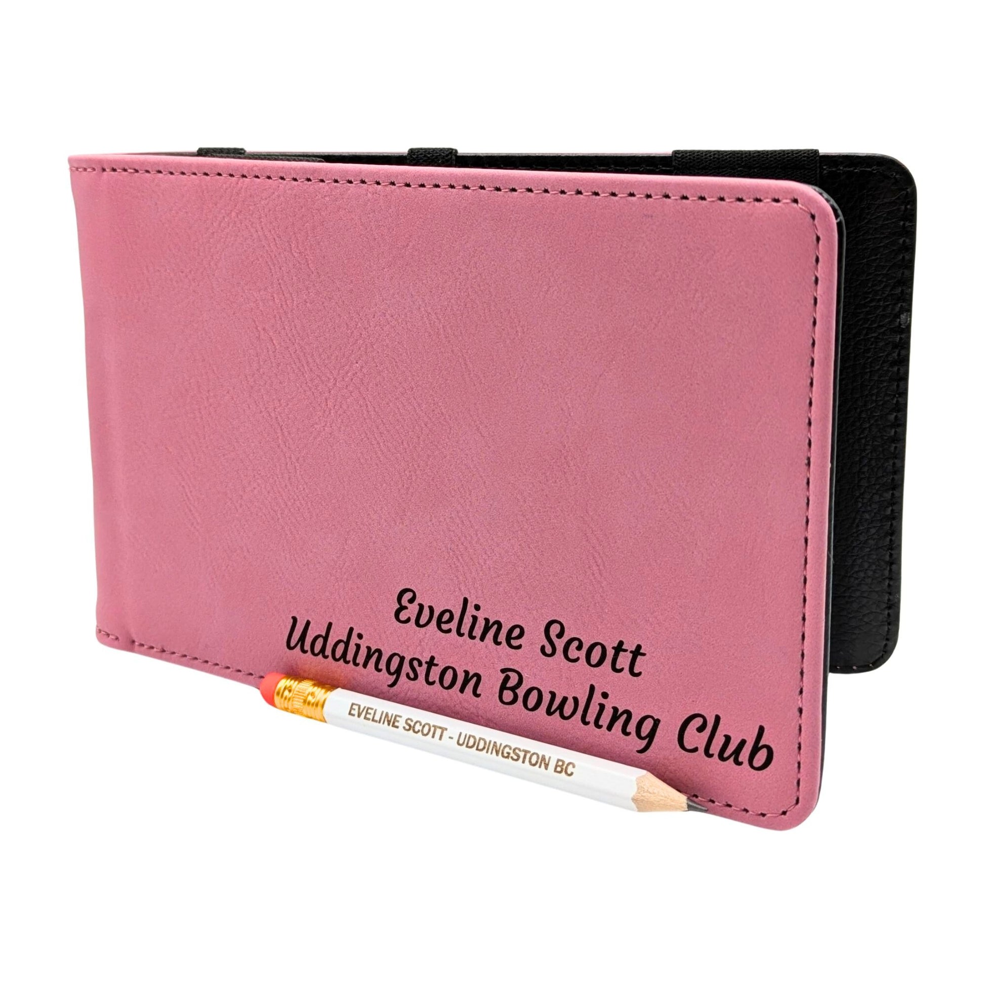 Personalised Golf Scorecard Holder | Pink PU Leather with Black Engraving and Matching Pencil - Golf Gifts Direct
